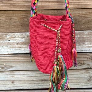 One of a Kind Vibrant Red Artisanal Braided Cinch / Shoulder Bag